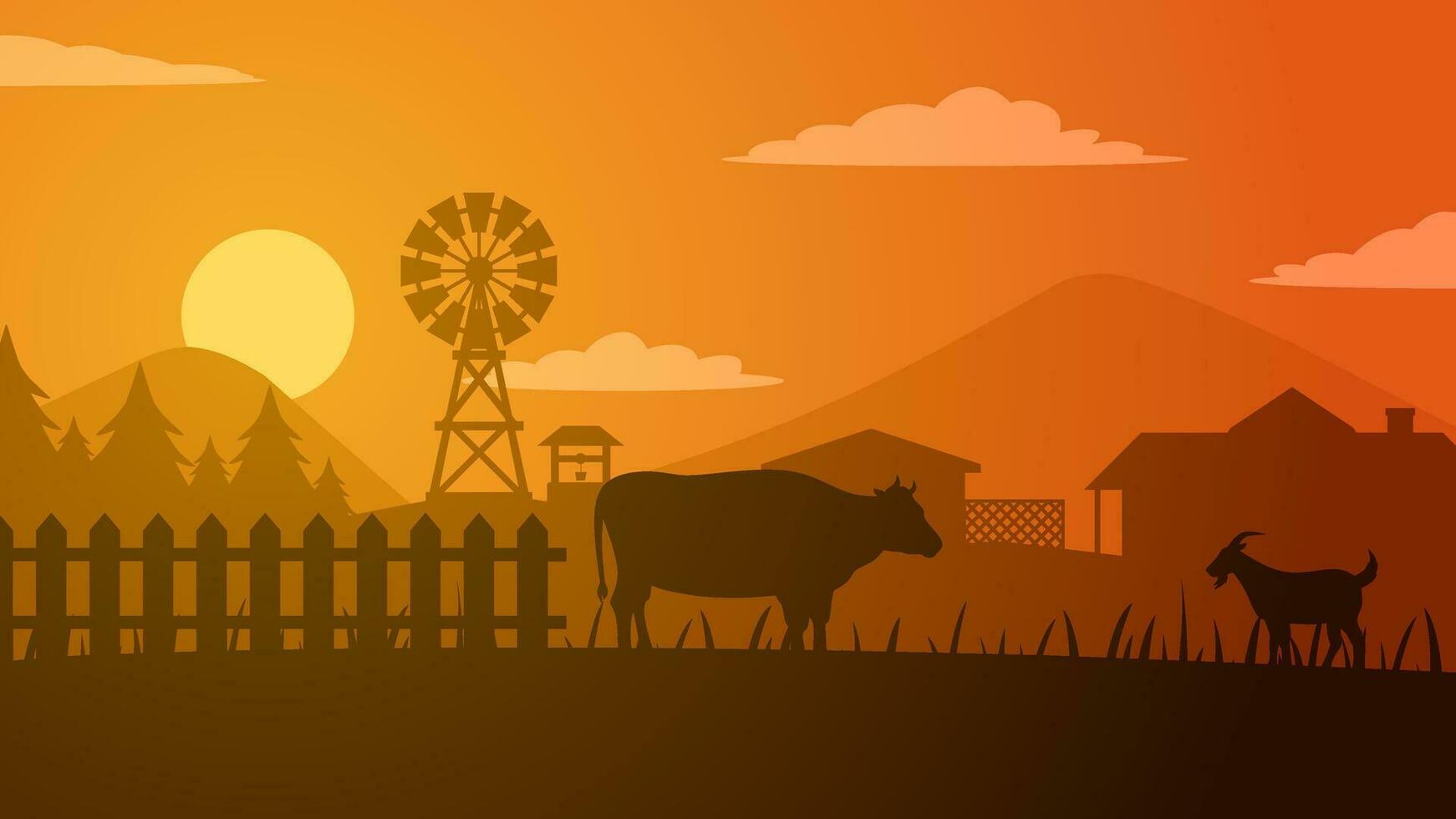 Farmland silhouette landscape vector illustration. Scenery of livestock and windmill in the countryside farm. Rural panorama for illustration, background or wallpaper
