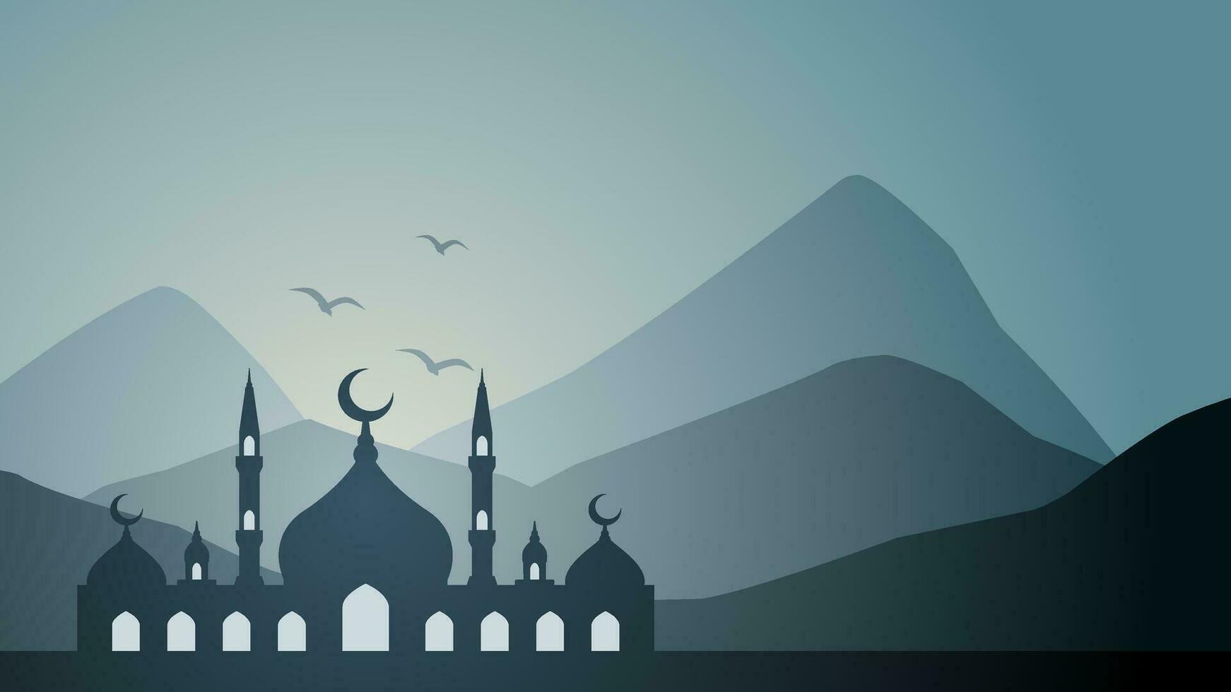 mezquita silueta paisaje vector ilustración. Ramadán paisaje diseño gráfico en musulmán cultura y islam religión. mezquita panorama para ilustración, antecedentes o fondo de pantalla