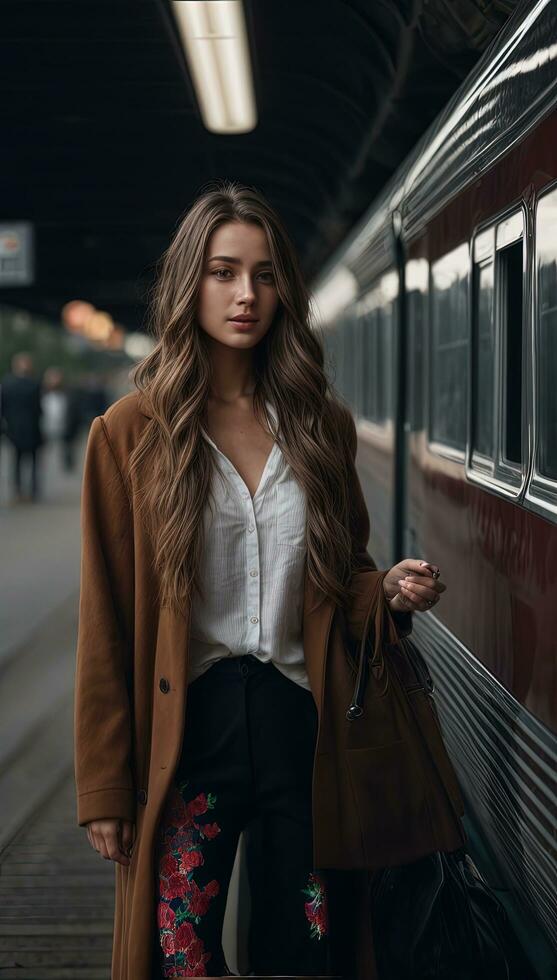 ai generado retrato de un hermosa niña en un marrón Saco en el plataforma de un tren estación foto