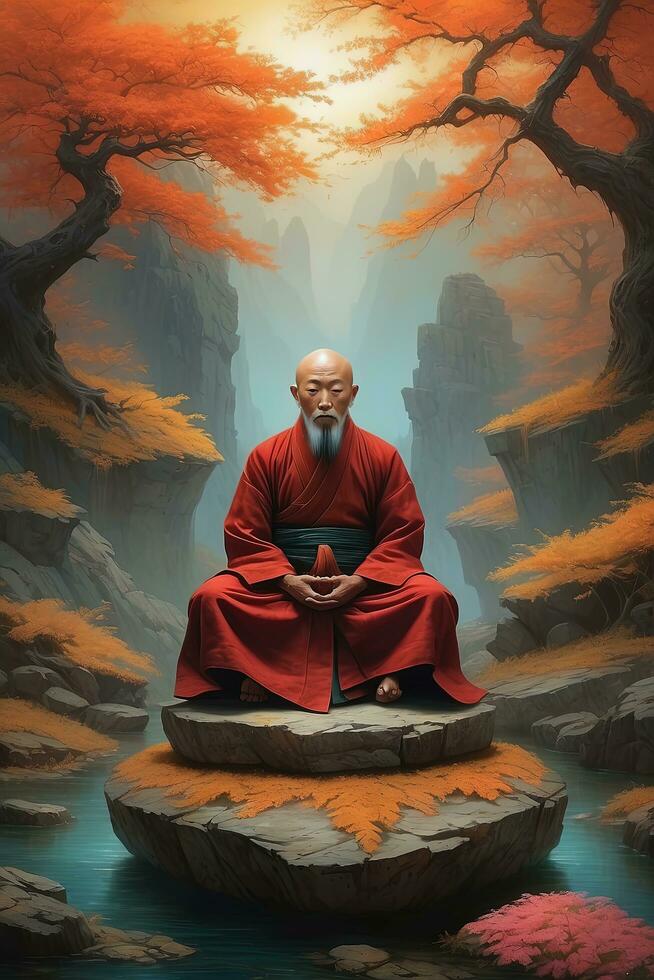 AI generated Buddhist monk meditating in the forest, 3d illustration photo