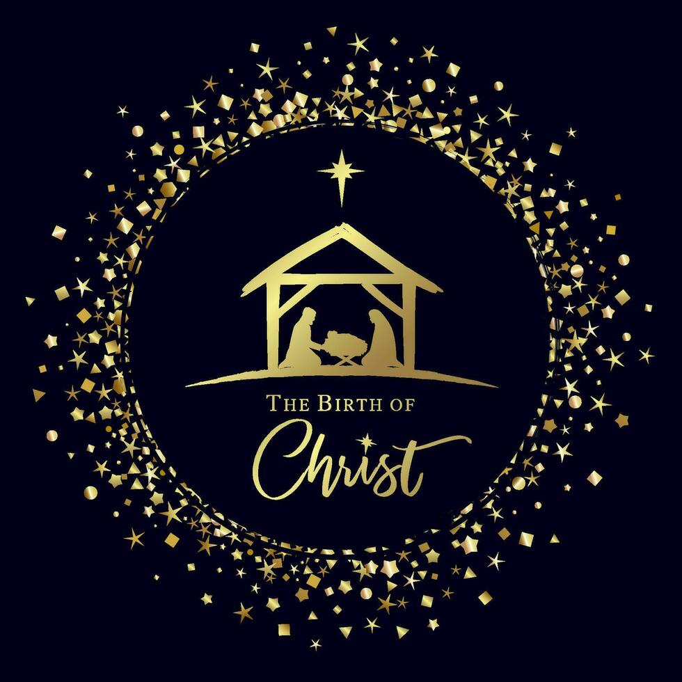 el nacimiento de Cristo saludo tarjeta diseño con dorado elementos vector