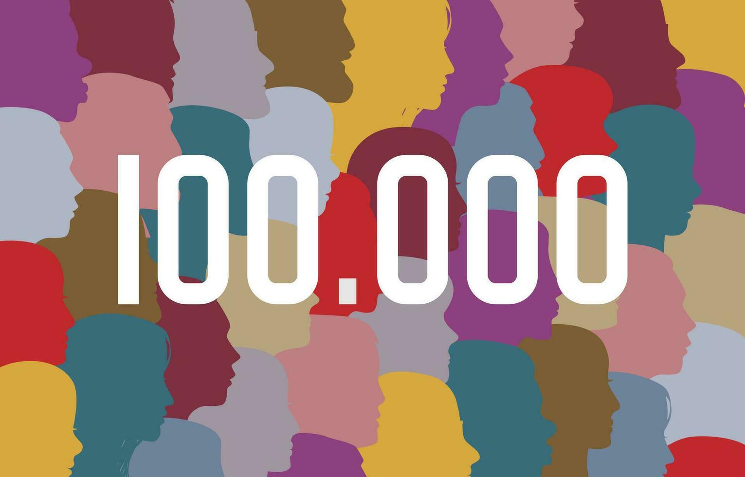 100,000 seguidores celebracion. social medios de comunicación bandera. 100 000 suscripciones póster. Gracias para 100 k gustos cronograma imagen. ilustración de multitud. un lote de personas creativo antecedentes con recorte mascarilla. vector