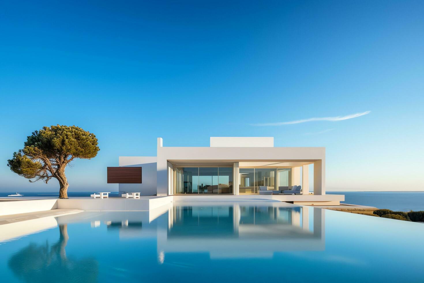 exterior de lujo y moderno hermosa mínimo villa con nadando piscina, ai generado foto