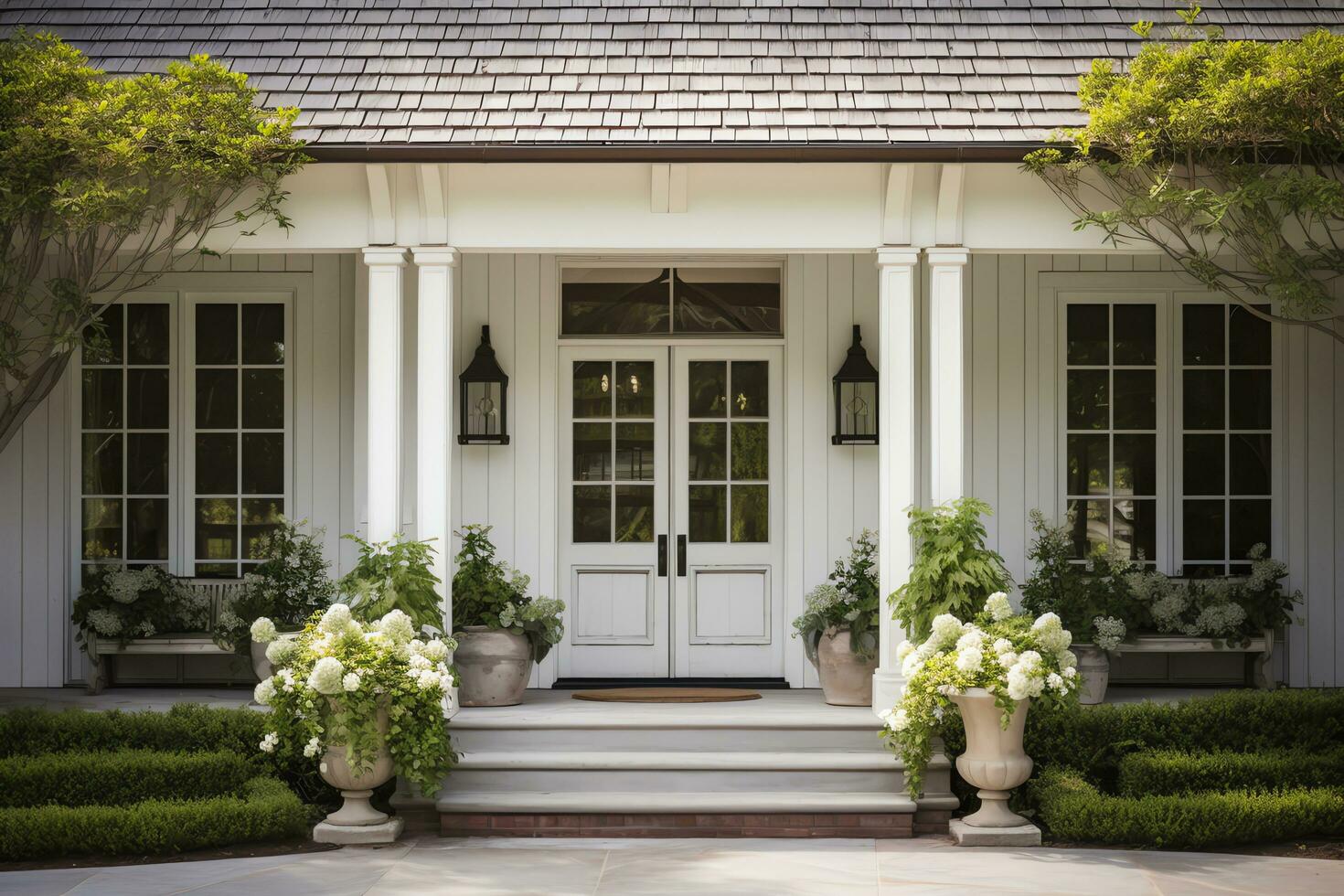 exterior de frente puerta lujo granja estilo casa en campo, ai generado foto