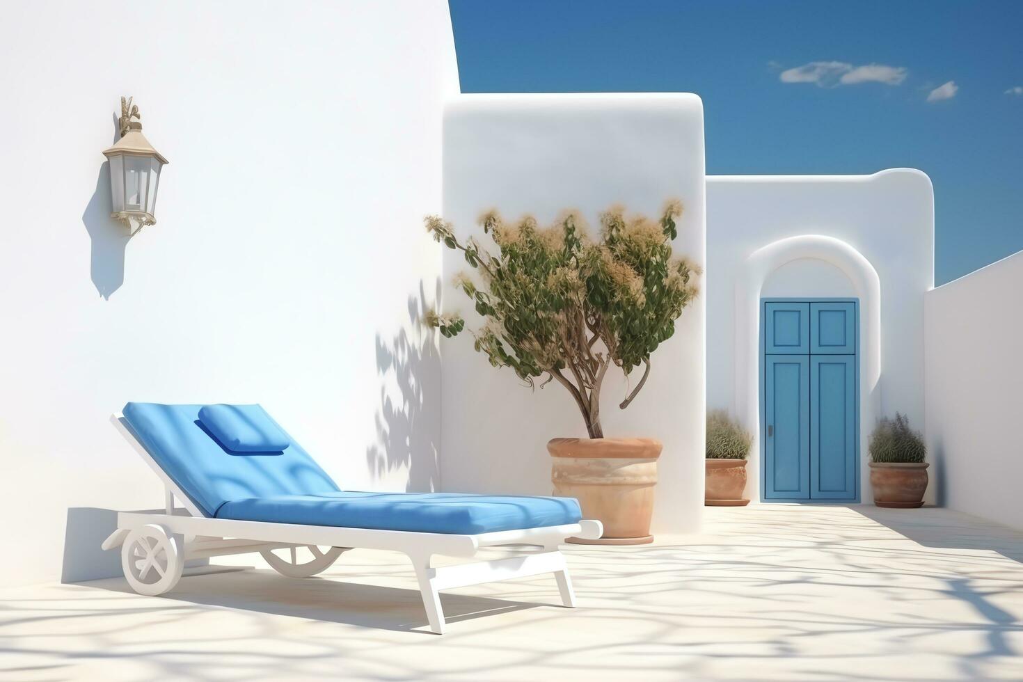 tradicional Mediterráneo casa con verano terraza cama solar, ai generado foto