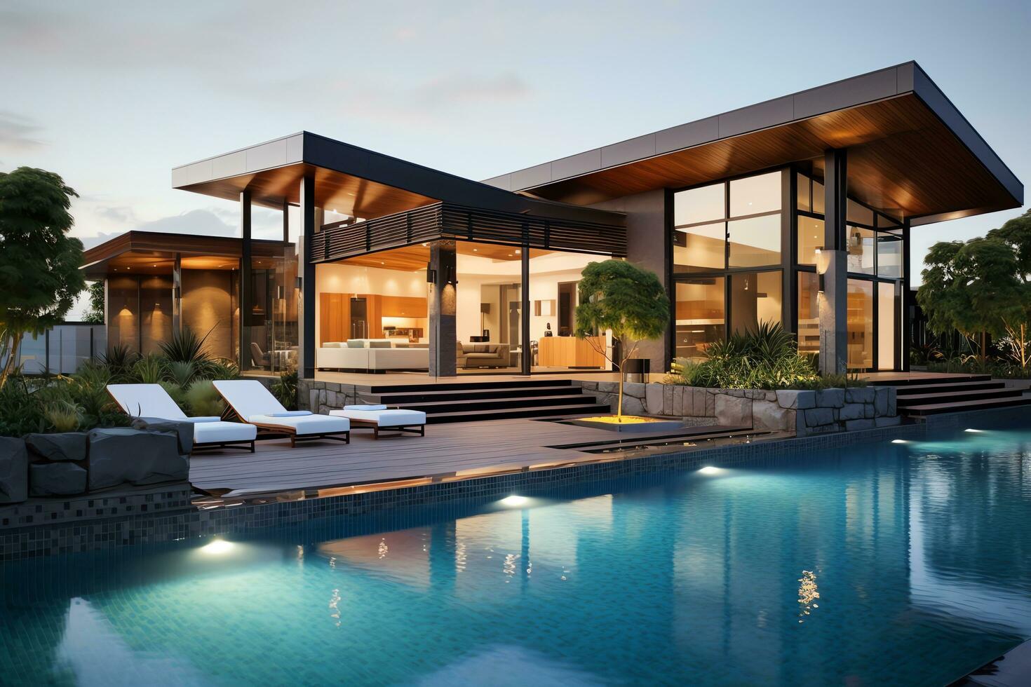 Exterior of luxury and modern beautiful minimal villa with swimming pool, AI Generated photo
