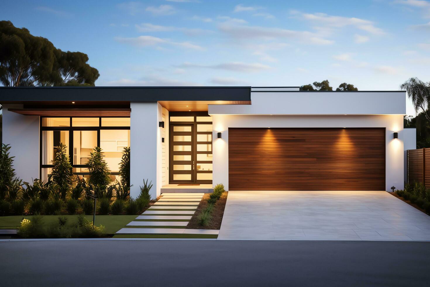 exterior frente fachada de nuevo moderno australiano estilo hogar, residencial arquitectura, ai generado foto