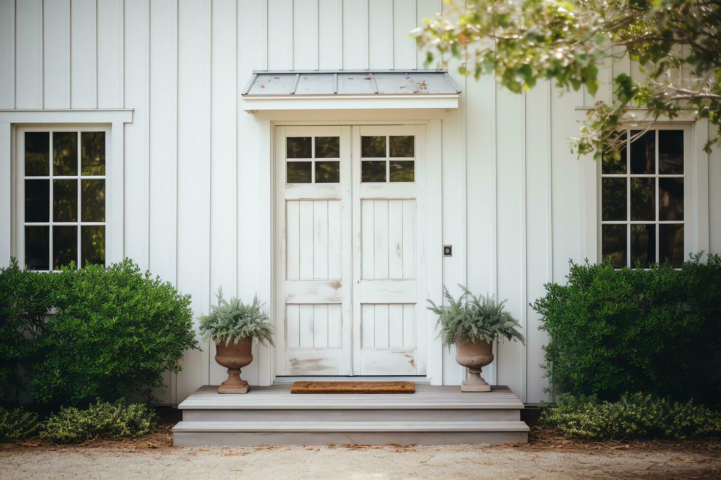 Exterior of front doorway luxury farm style house in countryside, AI Generated photo