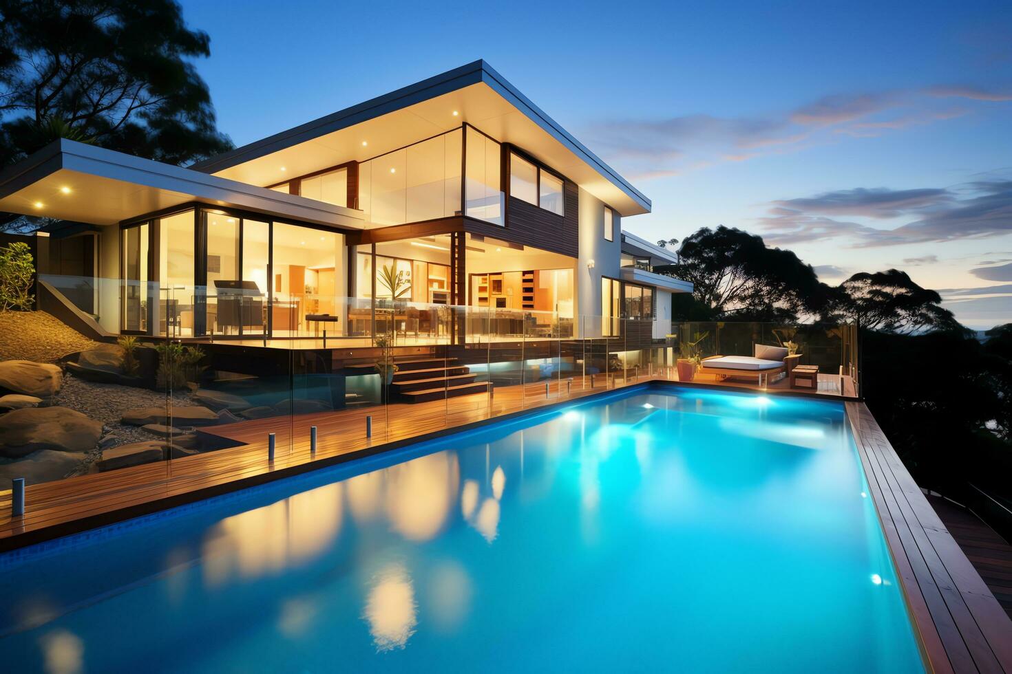 exterior de lujo y moderno hermosa mínimo villa con nadando piscina, ai generado foto