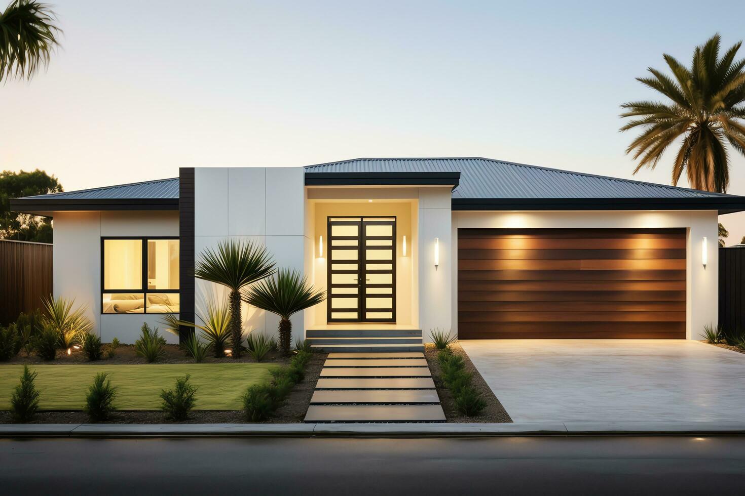 Exterior front facade of new modern Australian style home, residential architecture, AI Generated photo