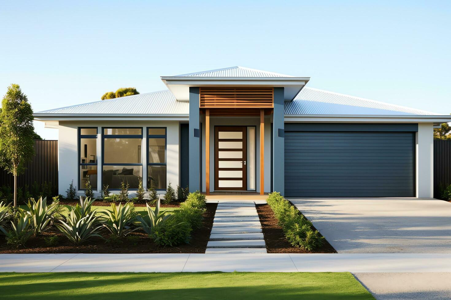 Exterior front facade of new modern Australian style home, residential architecture, AI Generated photo