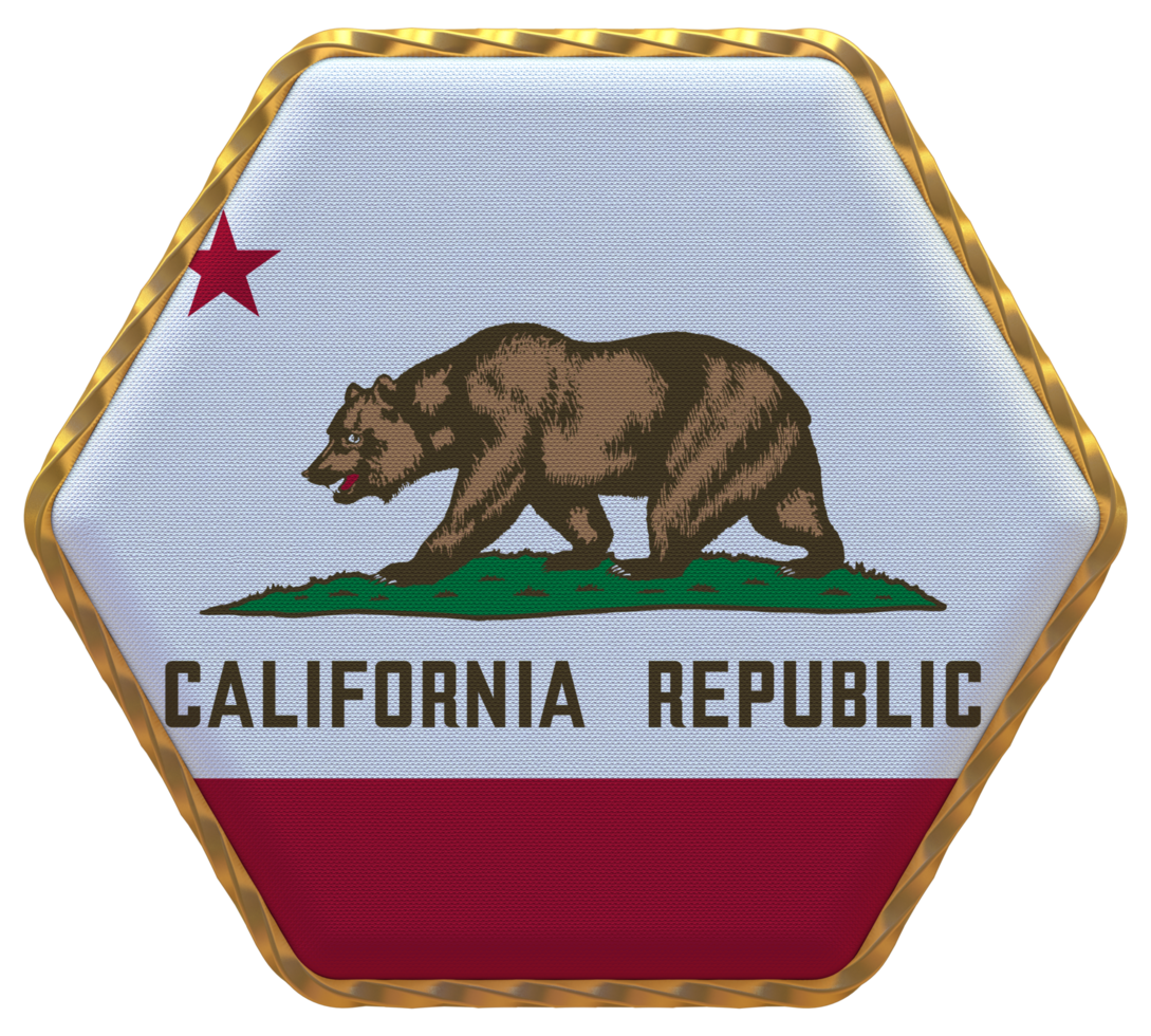 State of California Flag in Hexagon Shape with Gold Border, Bump Texture, 3D Rendering png