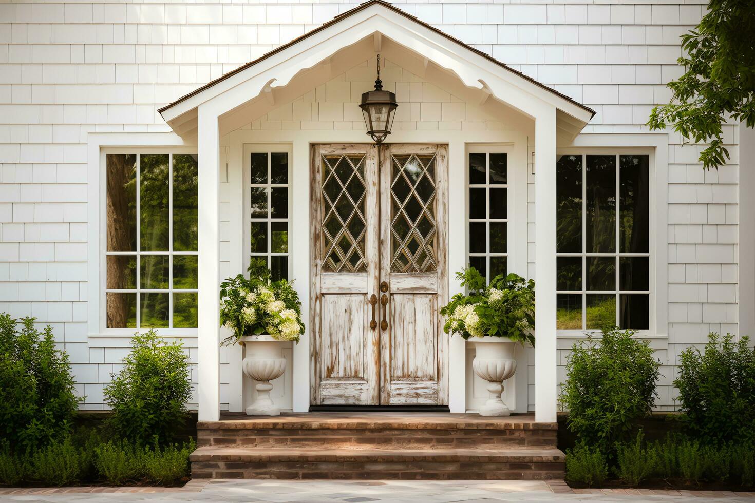 Exterior of front doorway luxury farm style house in countryside, AI Generated photo