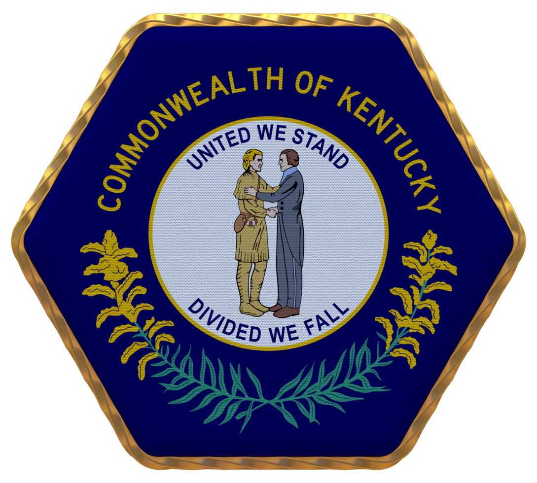 State of Kentucky Flag in Hexagon Shape with Gold Border, Bump Texture, 3D Rendering png