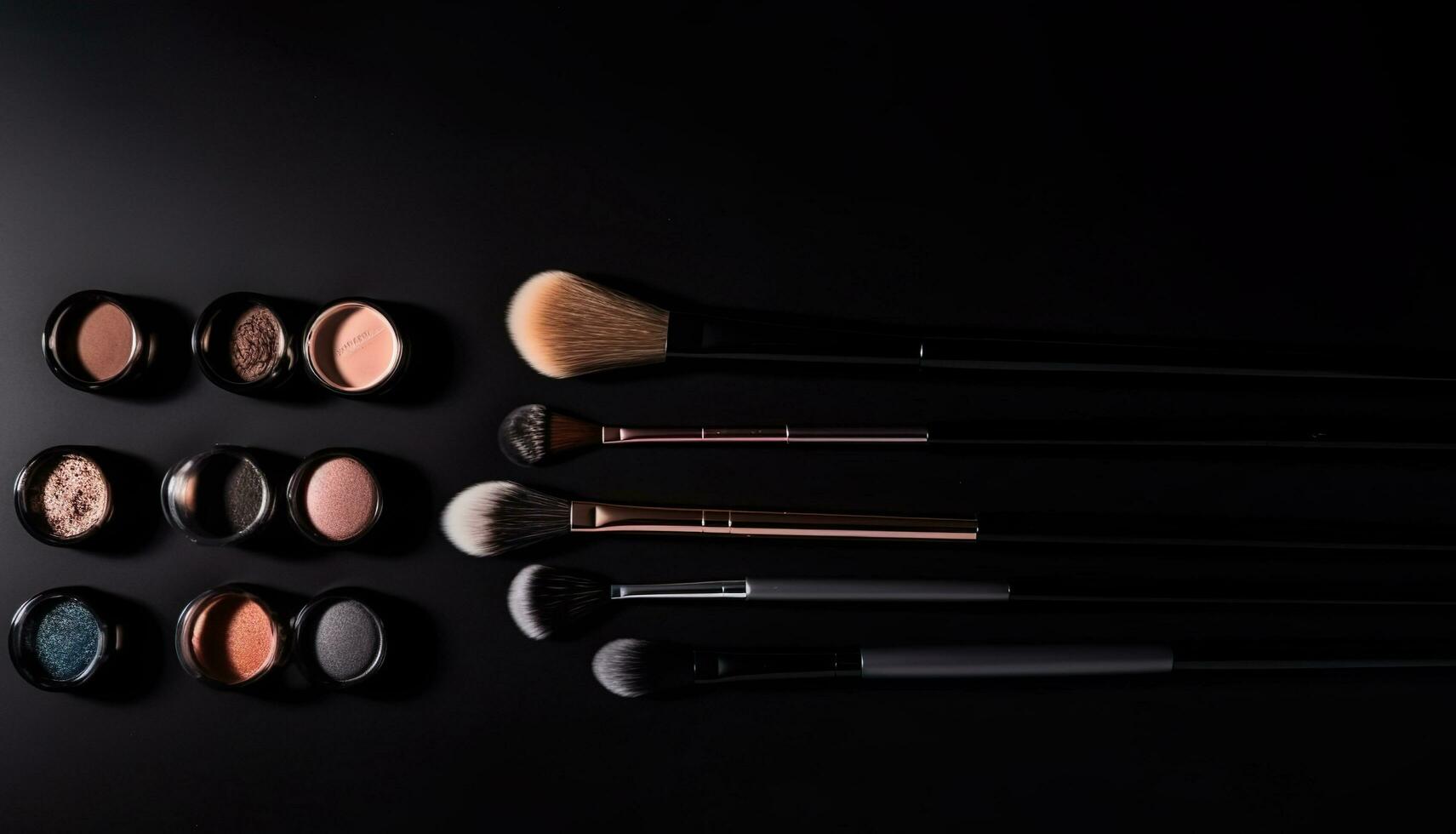 Set of makeup brushes collection on black background, cosmetics product, AI Generated photo