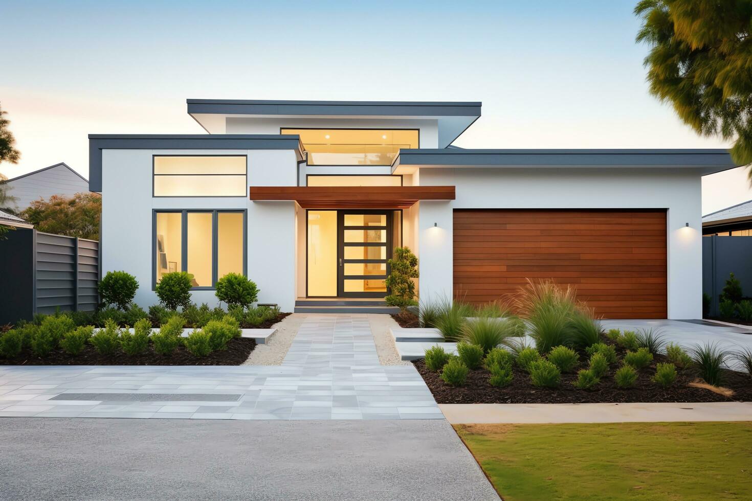 Exterior front facade of new modern Australian style home, residential architecture, AI Generated photo