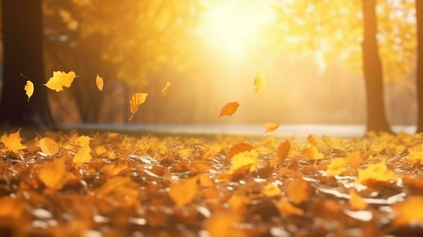 Beautiful autumn landscape with falling leaves natural background, colorful foliage maple in park, AI Generated photo