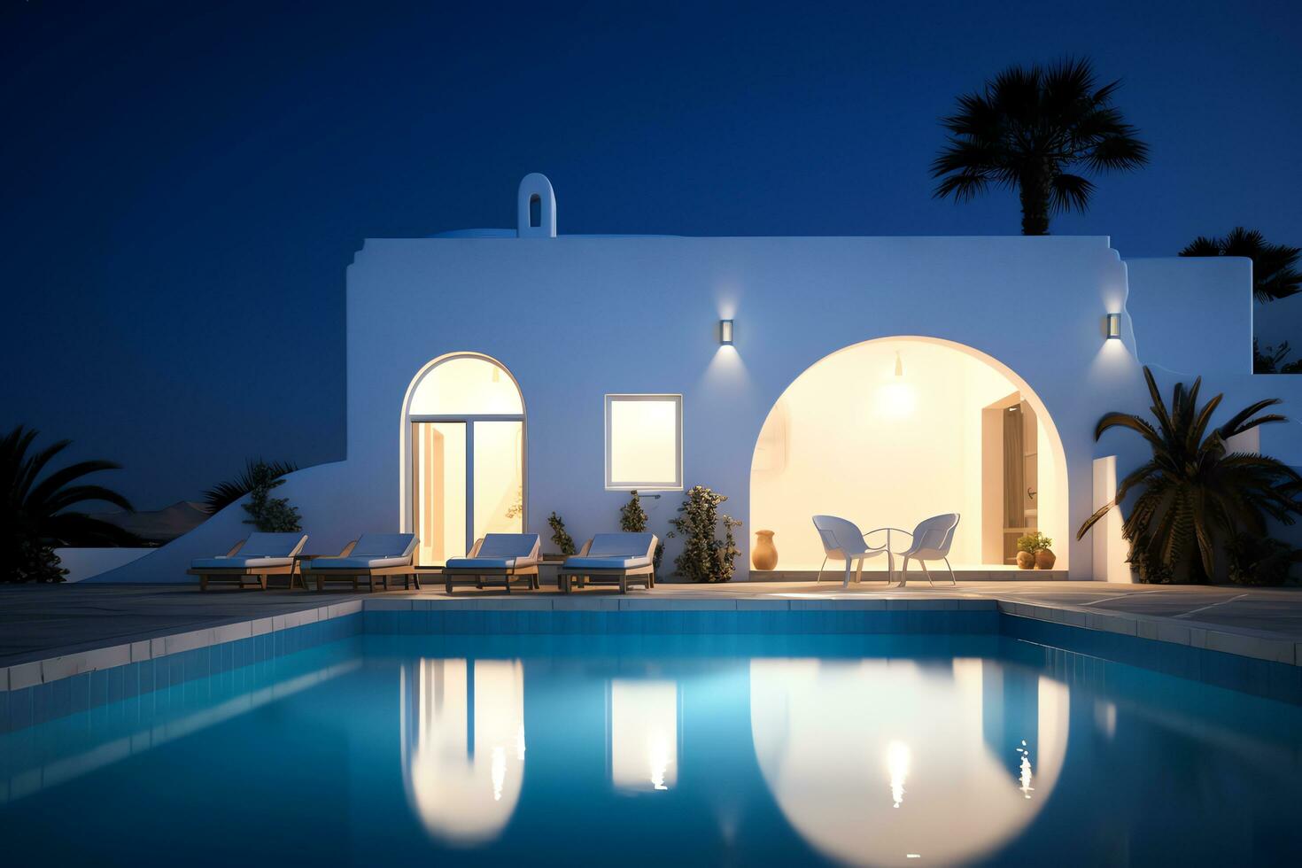 tradicional Mediterráneo casa con nadando piscina verano vacaciones, noche tiempo, ai generado foto