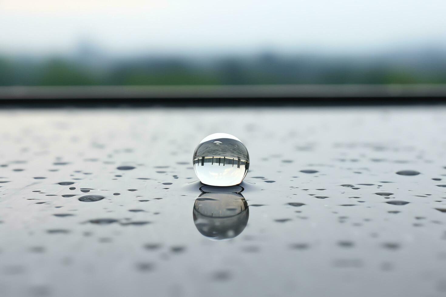 Beautiful macro of drops of transparent rain water drops on table surface, AI Generated photo