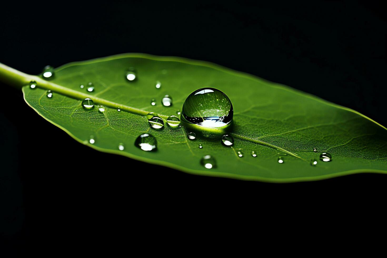 Beautiful macro of drops of transparent rain water drops on green leaves, AI Generated photo