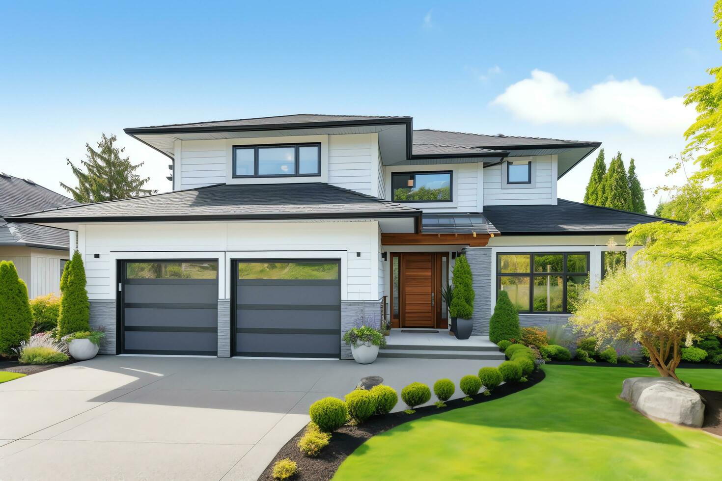Exterior front facade of new modern American house style, residential architecture, AI Generated photo