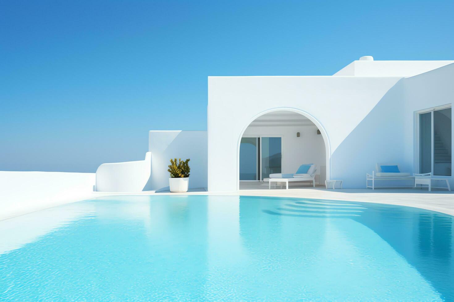 Traditional mediterranean house with swimming pool in summer vacation, AI Generated photo