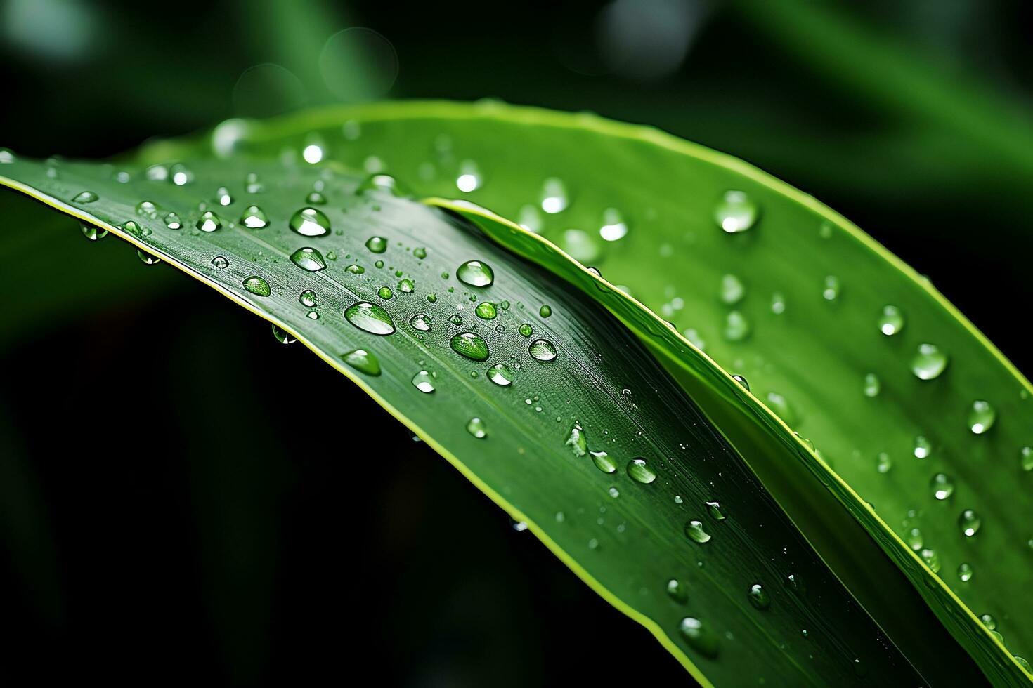 Beautiful macro of drops of transparent rain water drops on green leaves, AI Generated photo