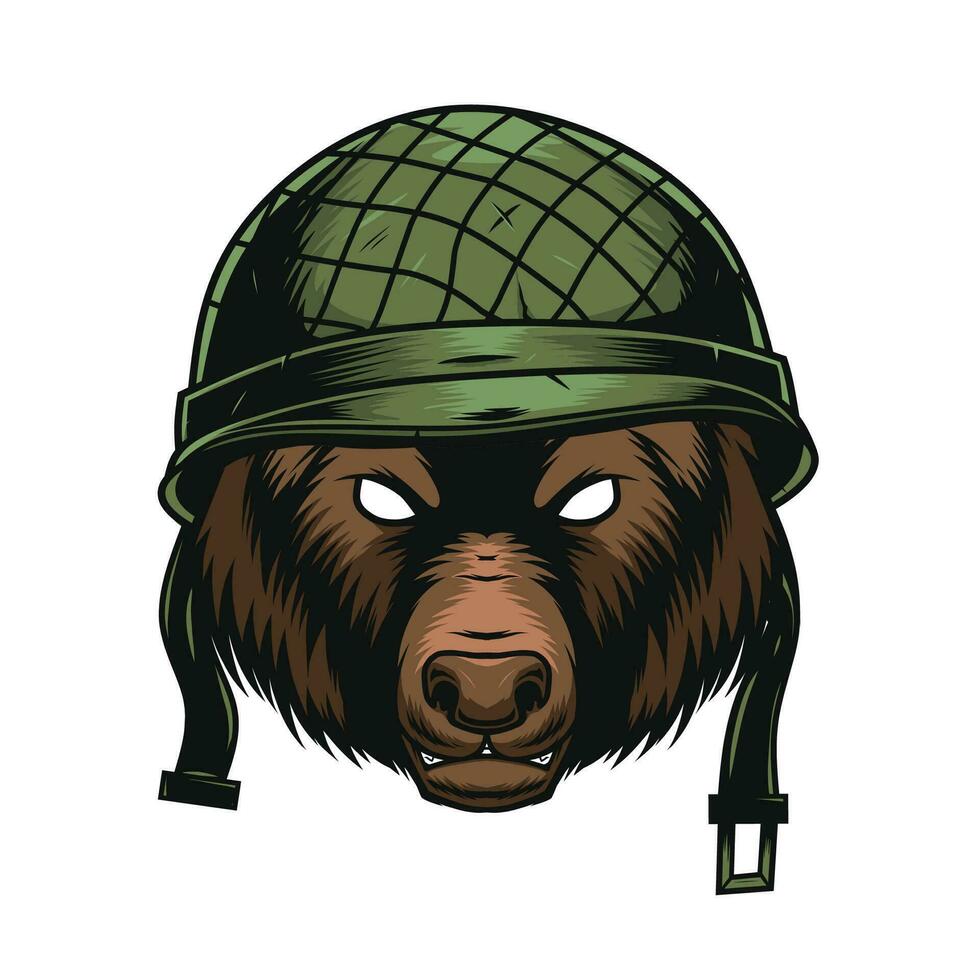 bear head wearing military helmet vector drawing