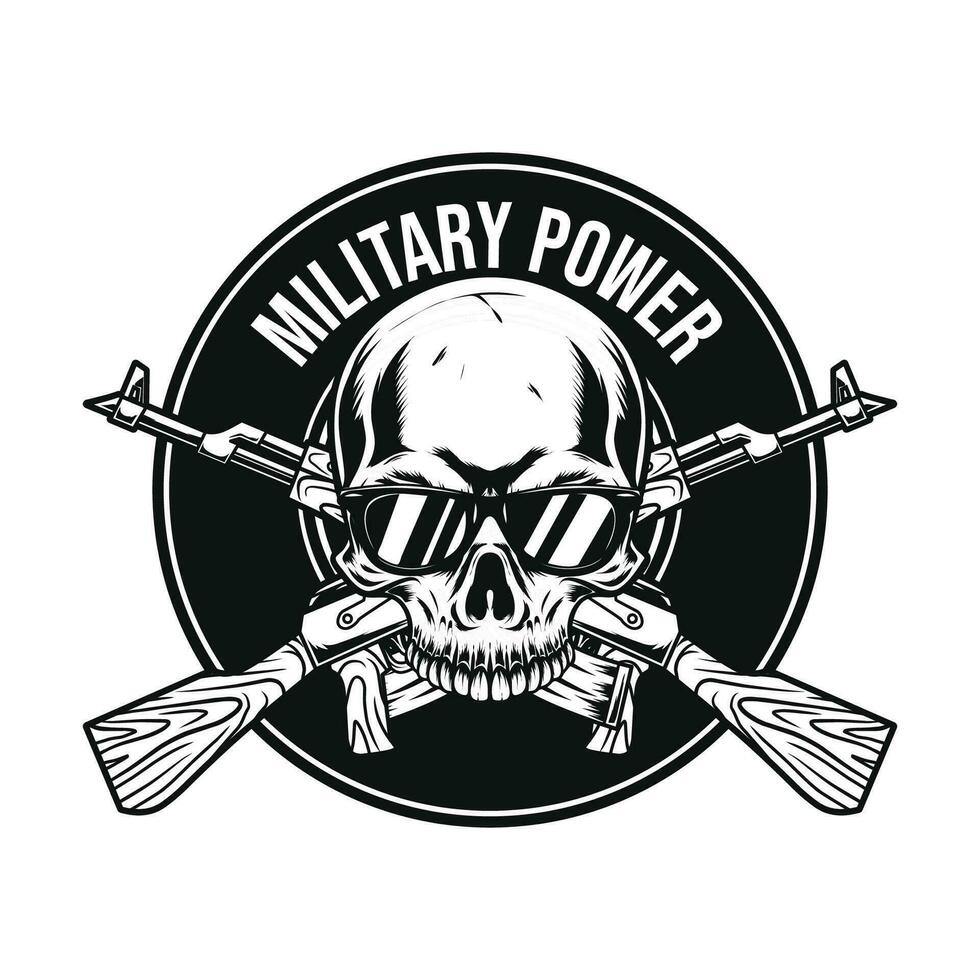 military emblem design with skull drawing vector