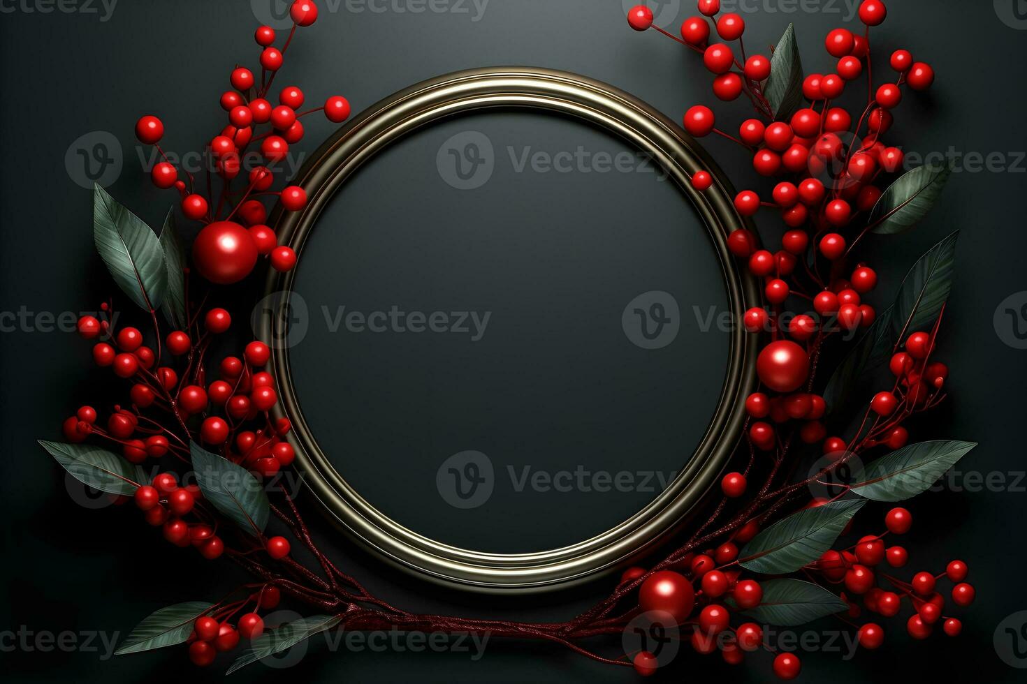 christmas frame with red berries on black background. ai generative photo