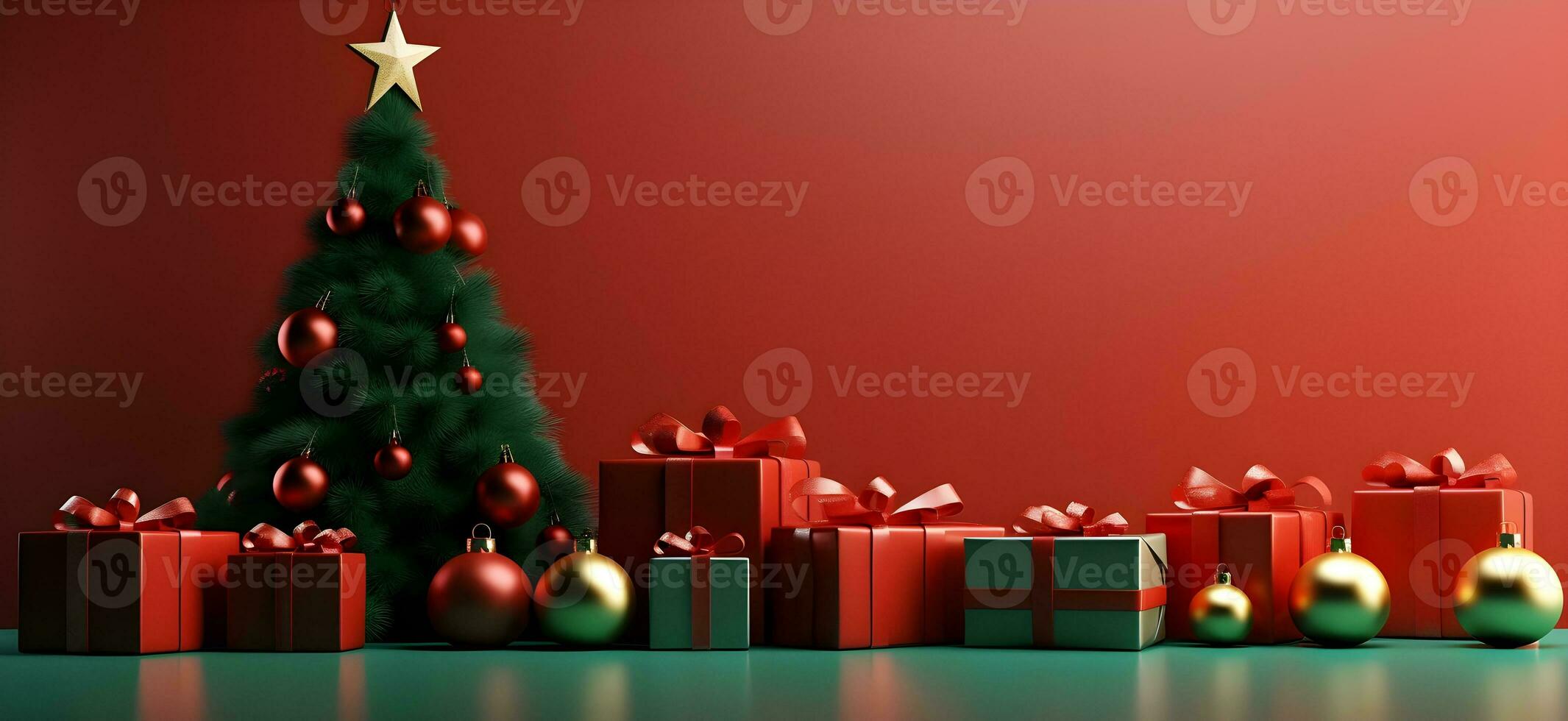 christmas tree and presents on red background. ai generative photo