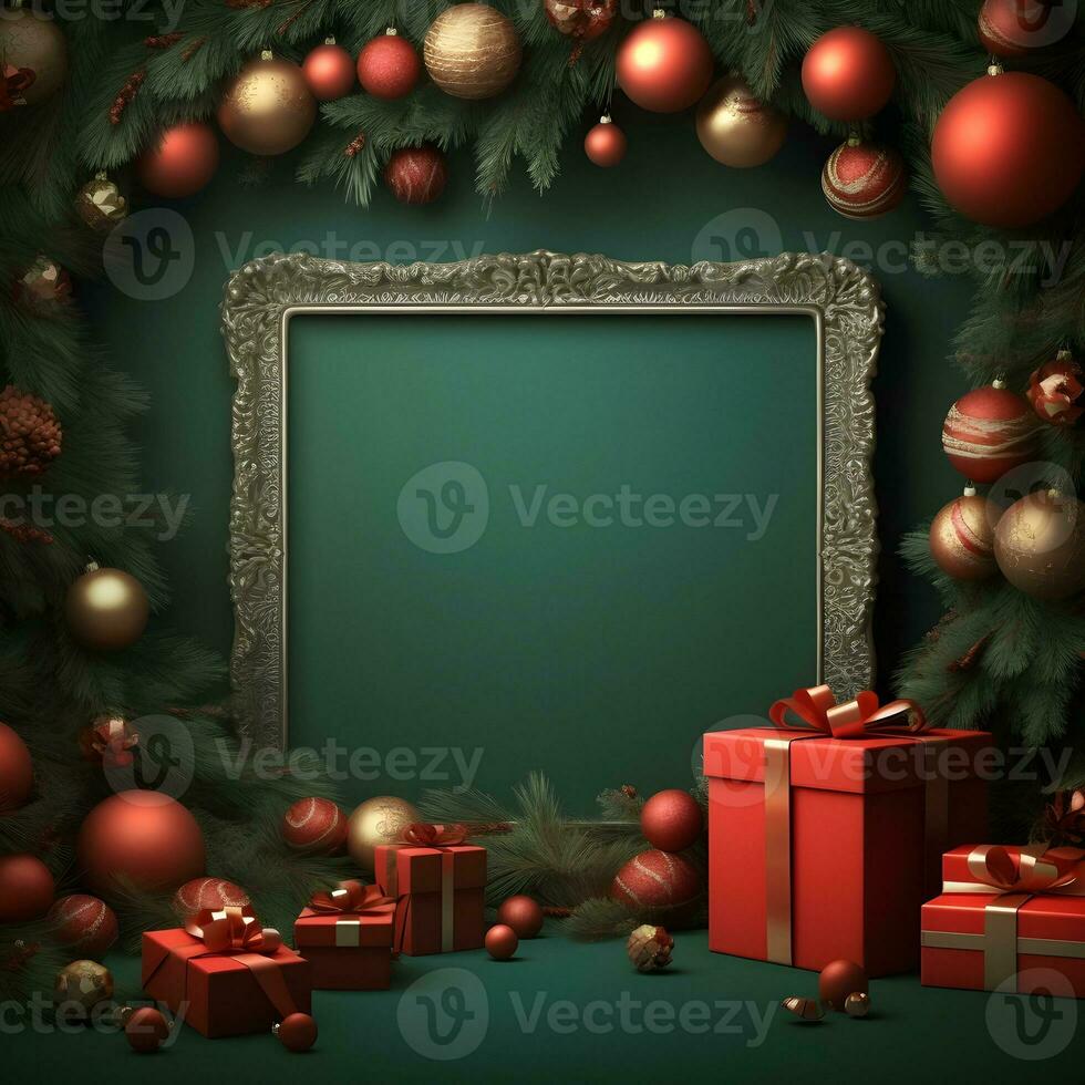 christmas frame with gifts and christmas tree on green background. ai generative photo