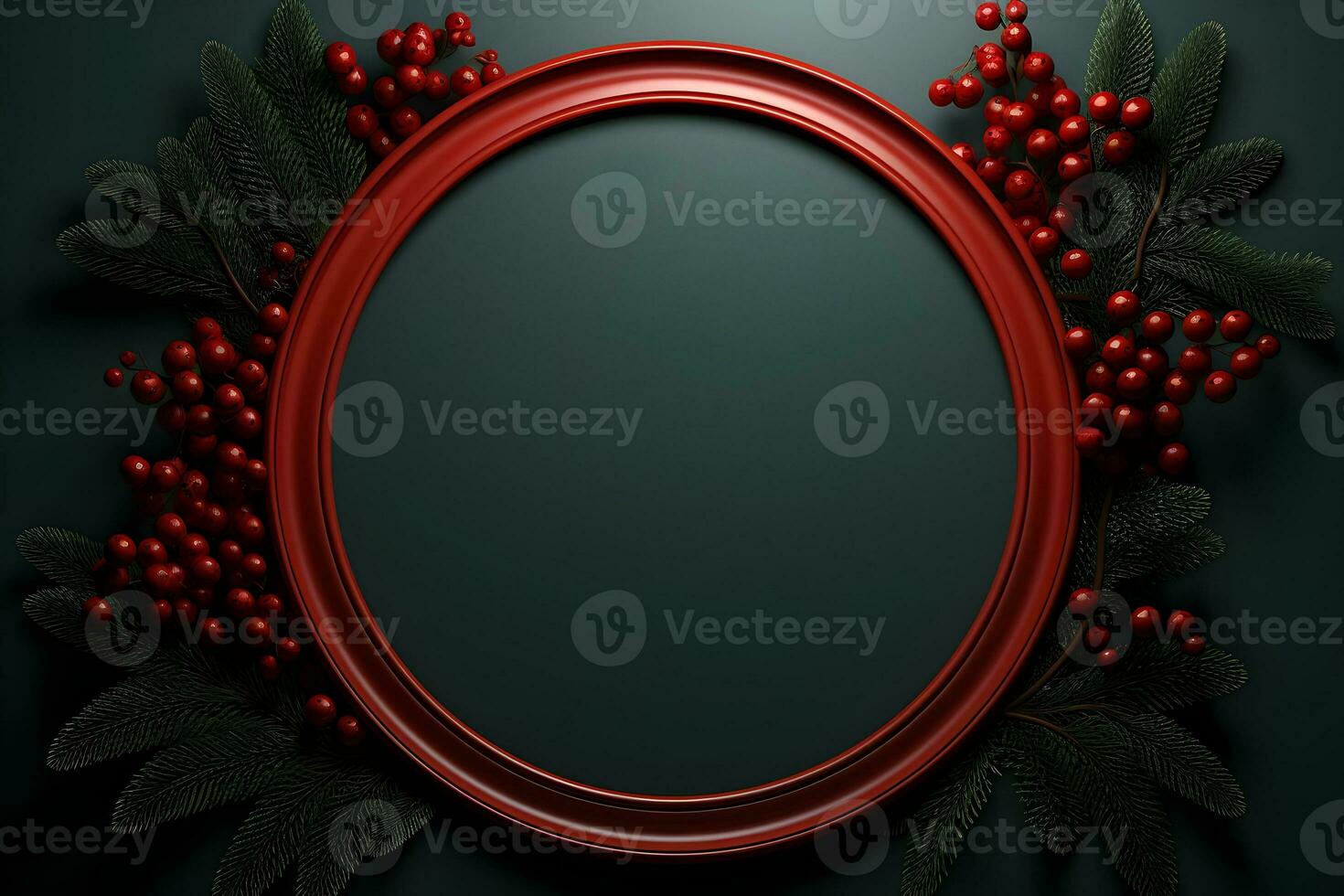 christmas frame with red berries and holly branches on dark background. ai generative photo