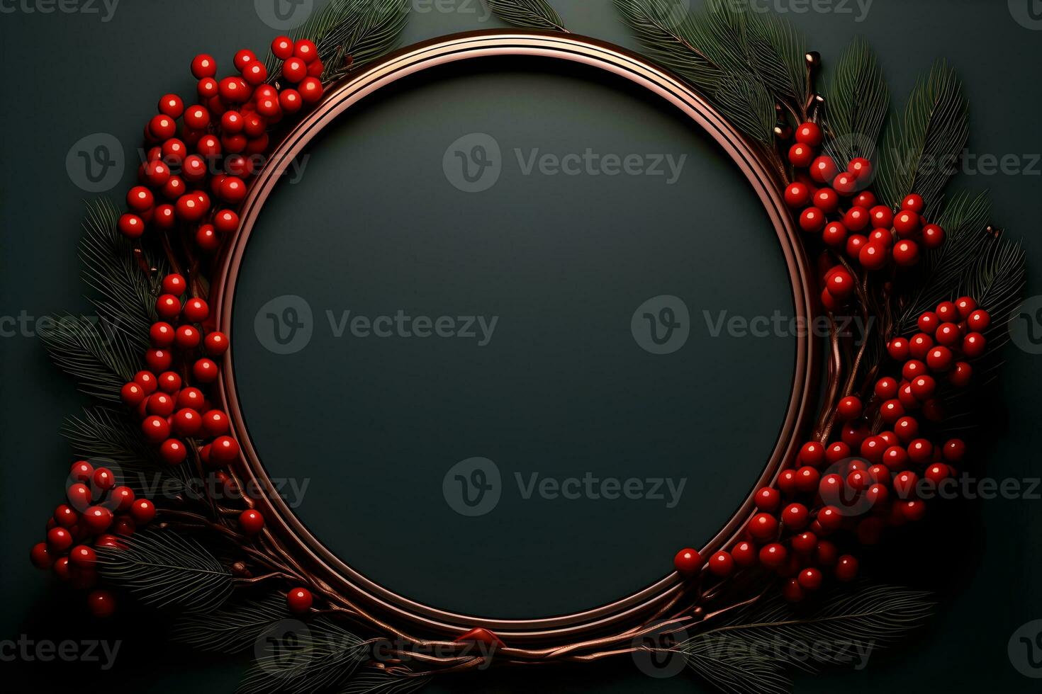 a circular frame with red berries on a dark background. ai generative photo