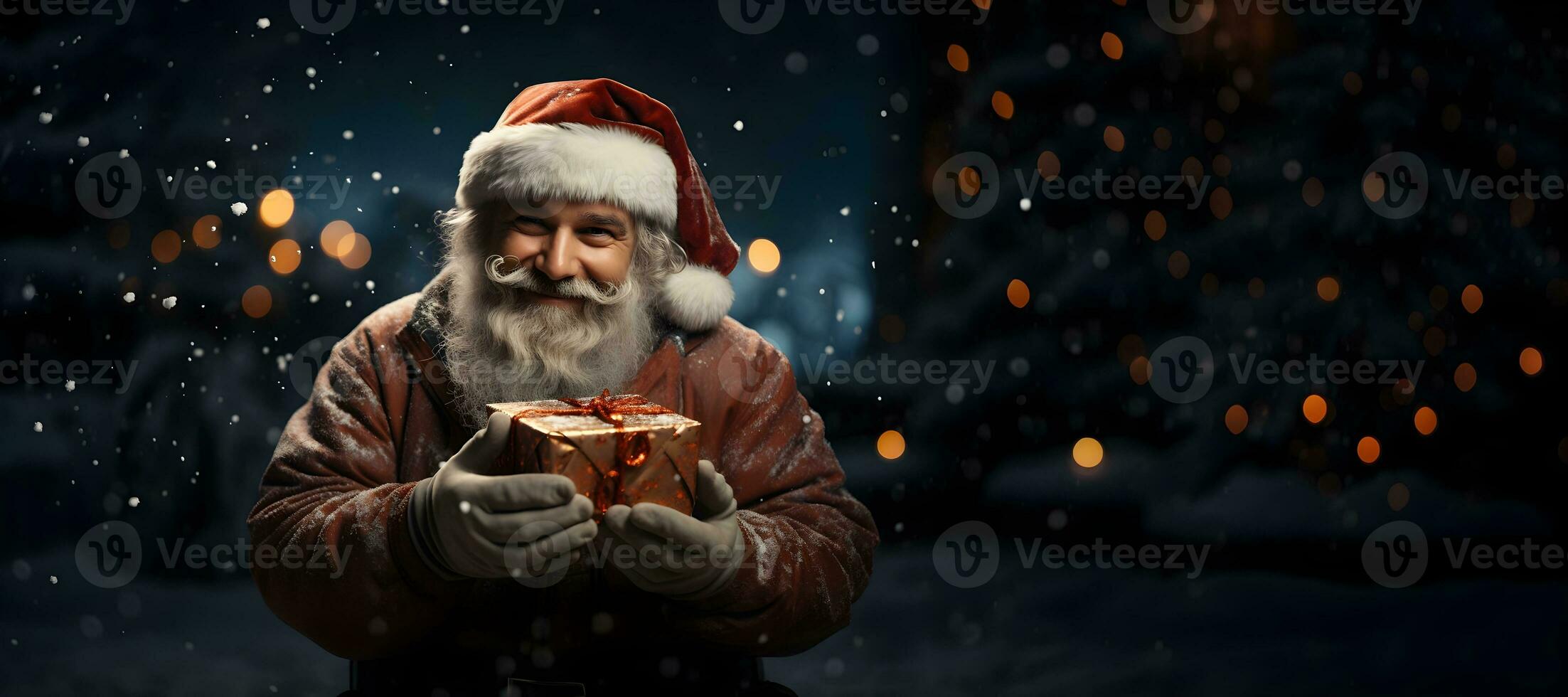 santa claus holding a gift box in front of a christmas tree. ai generative photo