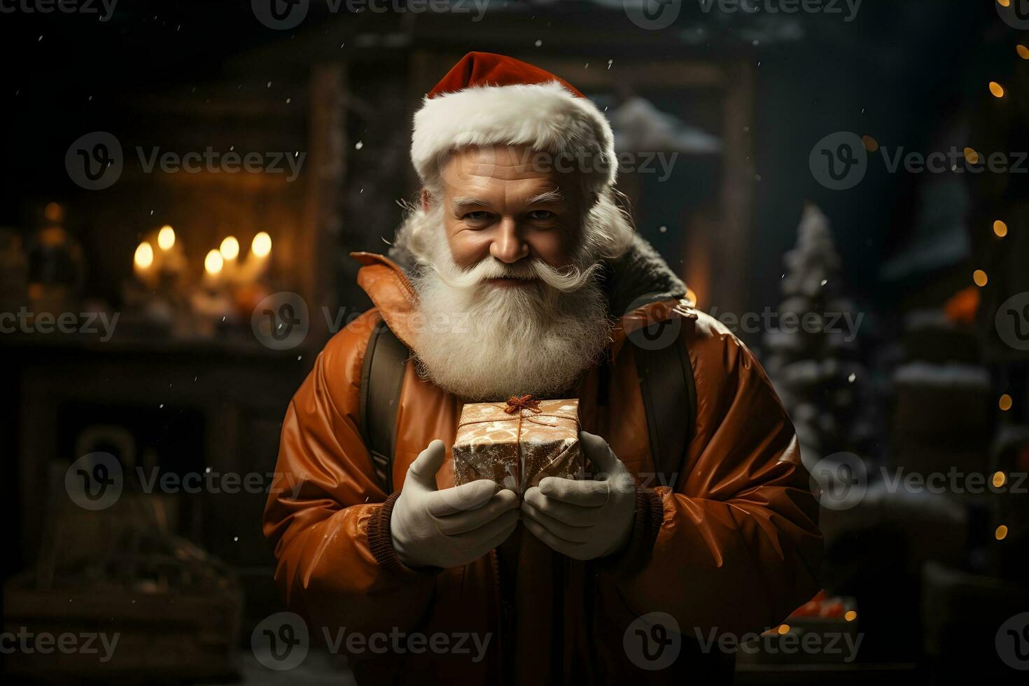 santa claus holding a gift in front of a christmas tree. ai generative photo