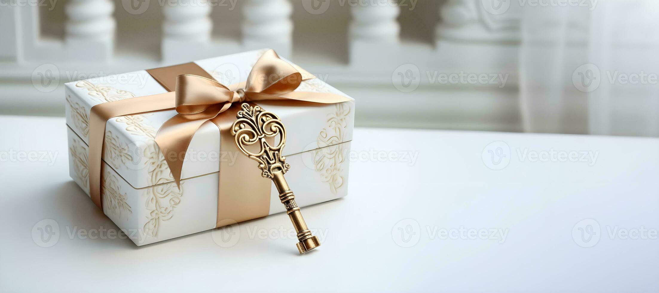 golden key and gift box on white background. ai generative photo