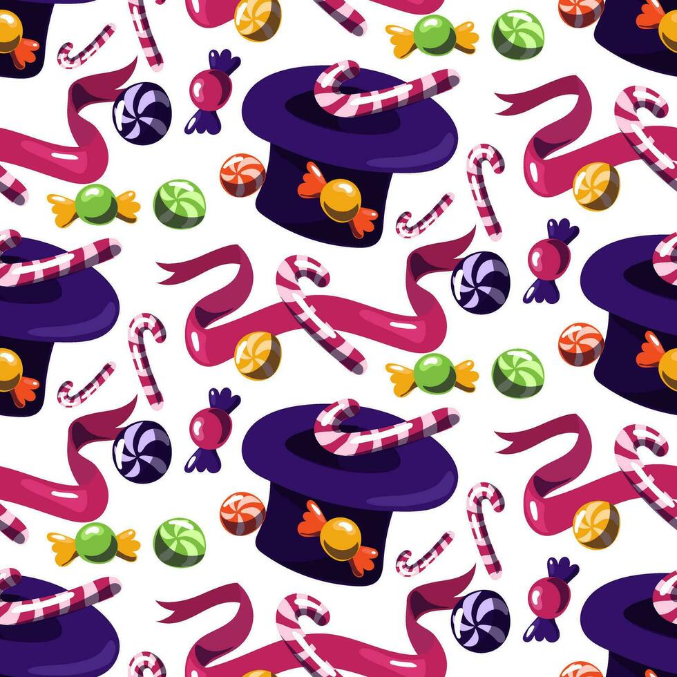 Pattern with a purple hat with a candy pattern. The world of the creator of sweets. A hat from which chocolate and caramel candies fly out, round, a cane, a ribbon on a white background. Print Repeat vector