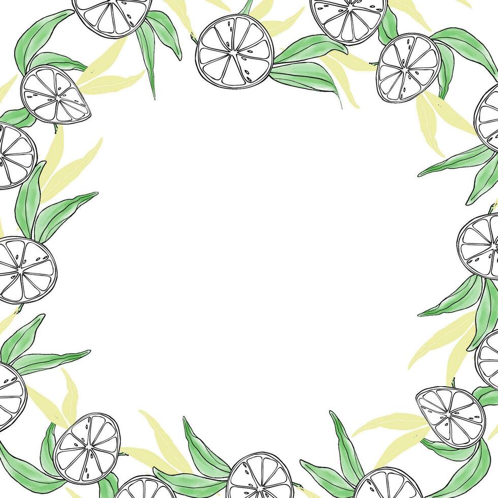 Lemon sliced and leaves watercolor wreath frame square banner. Hand drawn vector illustration for postcard, wedding, tag, thank you card, cover, logo, cosmetics