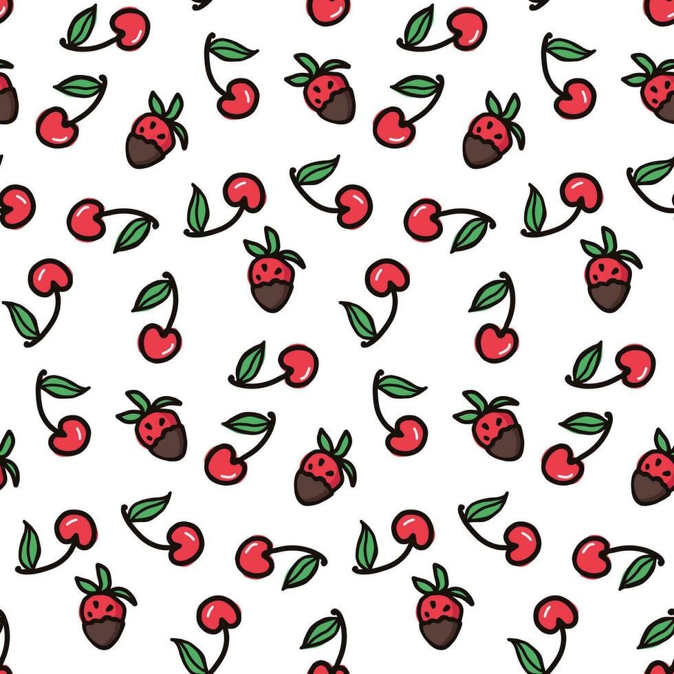 Cereza y fresa Fruta sin costura modelo. verano bayas, frutas con hojas, vector antecedentes. mano dibujado garabatear ilustración para cubrir, tela, fondo de pantalla textura, fondo, Boda invitación