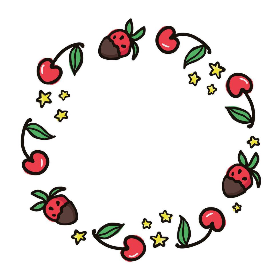 Cherry and strawberry fruit wreath. Summer berries, fruits with leaves, vector background. Hand drawn doodle illustration for card, scrapbook, backdrop and wedding invitation.