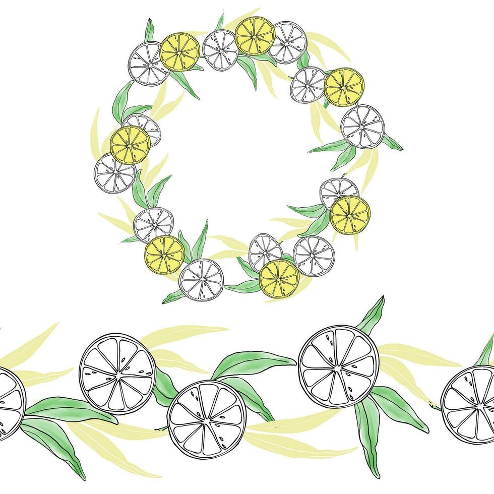 Lemon sliced and leaves watercolor wreath frame and seamless boarder. Hand drawn vector illustration for postcard, wedding, tag, thank you card, cover, logo, cosmetics