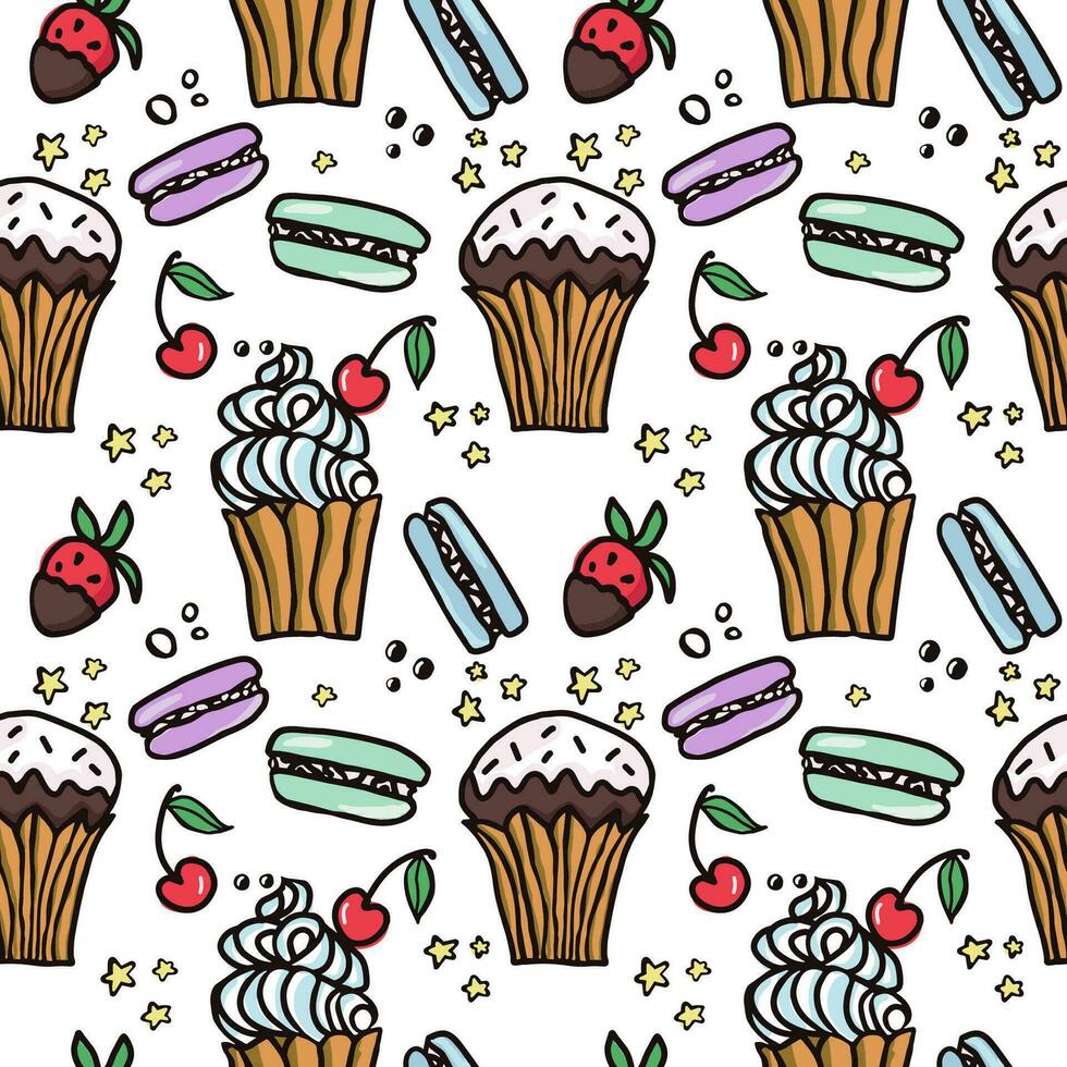 dulce pastel sin costura modelo con postres . macarrón, mollete, pudín, pastel con Cereza y fresa fruta. mano dibujado vector ilustración para superficie diseño, textil, tela, álbum de recortes