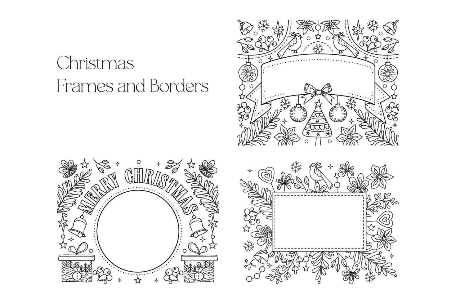 Christmas Frames and Borders set. Coloring page for kids and adults. Greeting card Happy New Year 2024, Merry Christmas. Children Colouring book pictures. Black and white ornate frame collection. vector