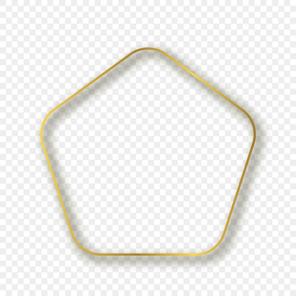 Gold glowing rounded pentagon shape frame with shadow isolated on background. Shiny frame with glowing effects. Vector illustration.