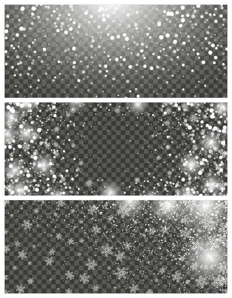 Snowfall and falling snowflakes on background. Set of three backdrops. White snowflakes and Christmas snow. Vector illustration