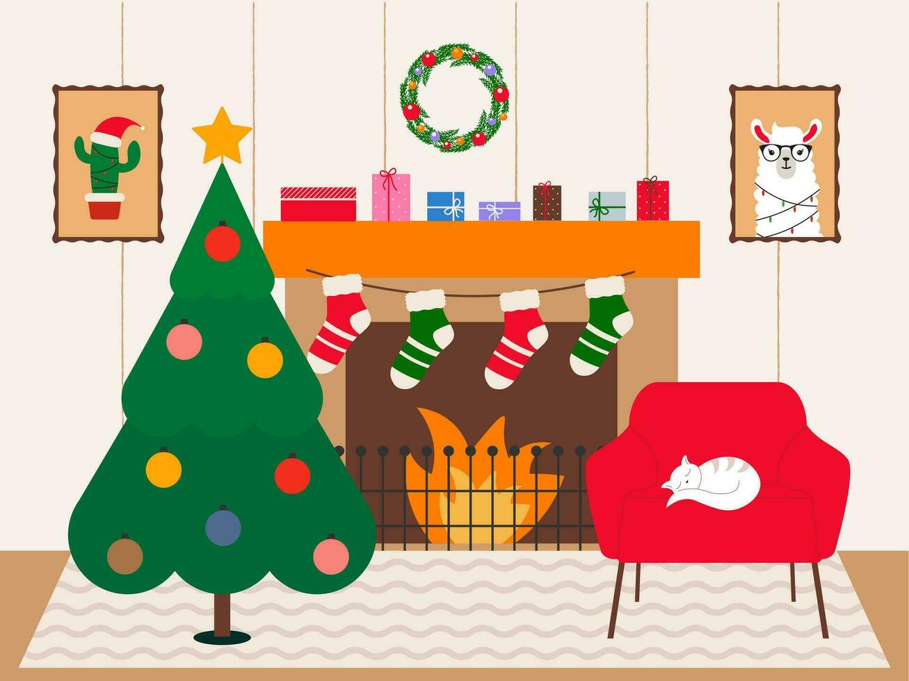 acogedor vivo habitación interior con chimenea, Navidad árbol y sillón. invierno diseño fiesta habitación. cómodamente dibujos animados vector escena