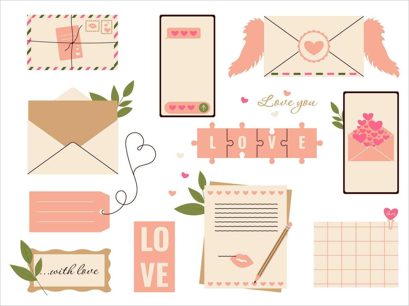 amor letras colocar. papel correo y teléfono mensaje plano vector ilustración