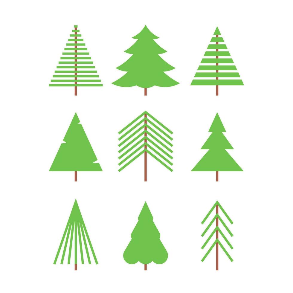 Green spruces set. Geometric tree vector illustrations for card, design, pattern