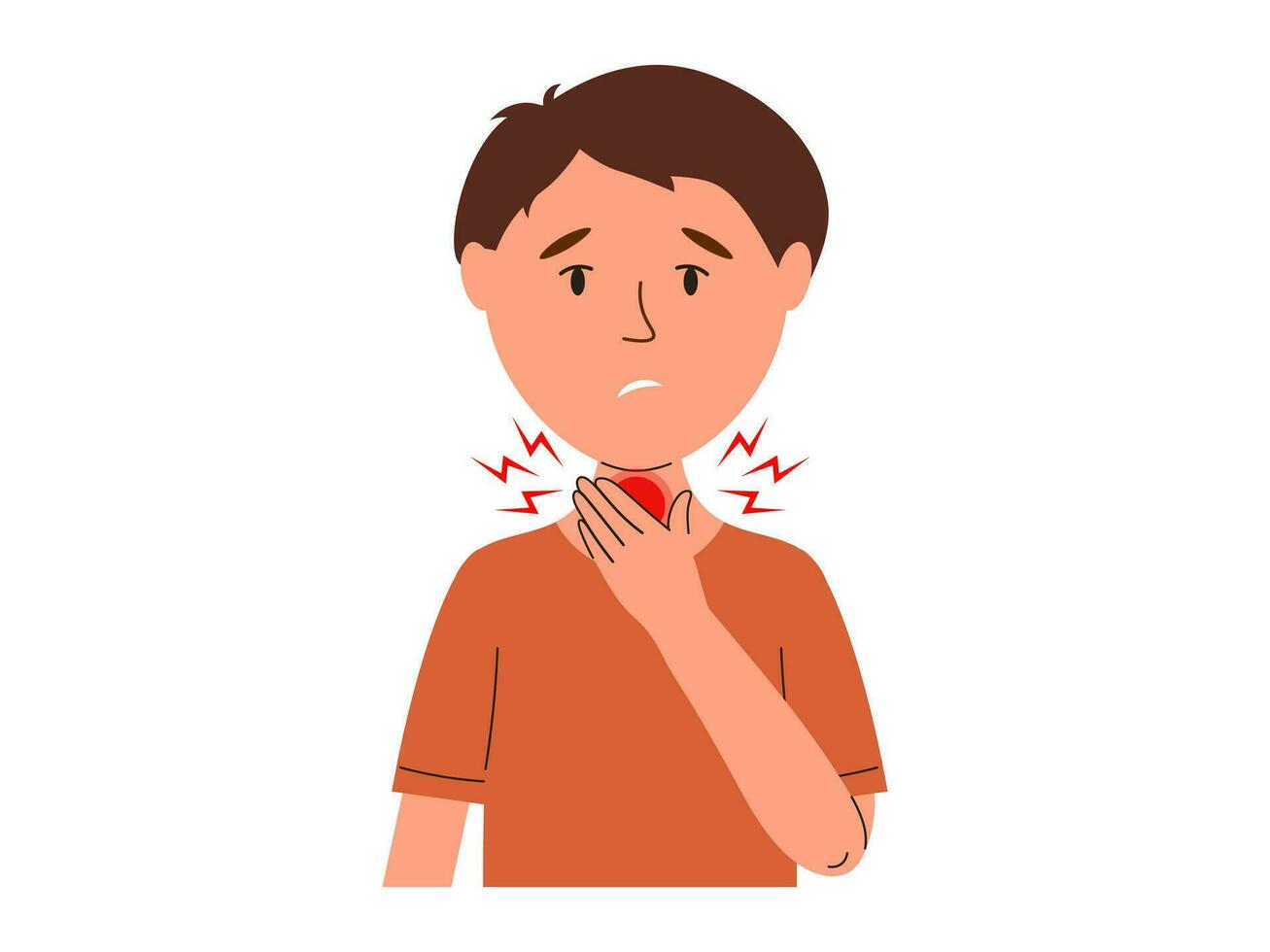 Man has a sore throat. Sick people struggle with health problems, have influenza or covid symptoms. Vector illustration